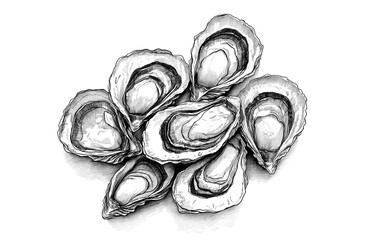 Wall Mural - Seafood, oyster. Vintage retro print, black white seafood oyster sketch ink pencil style drawing, linear drawing, engrave old school. Sketch artwork oyster, seafood. Illustration