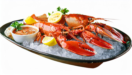 Two vibrant red lobster tails, crab legs, and oysters rest on ice.  A small bowl of sauce is present. The background is white.