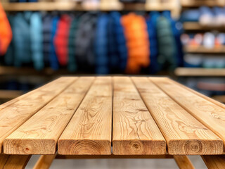 Aufkleber - Empty wooden table top showing retail clothing store