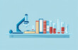 © Azazul - illustration of shelves with lab equipment, test tubes, and books on a light blue background.