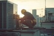 © isz - Technician working on rooftop HVAC unit at sunset