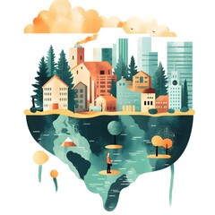 Cityscape Illustration with Floating Island  Man  Nature  and Abstract Design