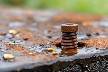 A rusty bolt protruding from a weathered surface with water droplets.