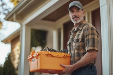 Handyman holding toolbox in front of house