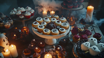 A spooky Halloween party table filled with eerie treats like ghost-shaped cookies, monster cupcakes, and candy eyeballs, set against a dark background with flickering candles and spiderwebs. 