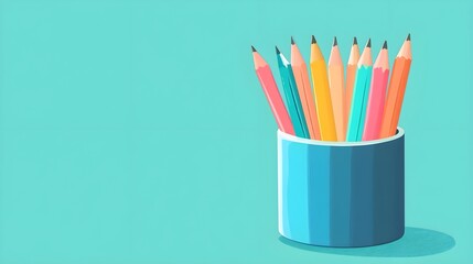 Wall Mural - Colorful Pencils in Blue Holder on Turquoise Background