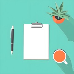 Wall Mural - Flat lay workspace mockup with clipboard  pen  teacup  and plant on teal background