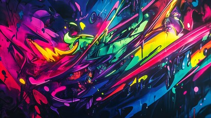 A dynamic graffiti wall with glowing neon lights and digital distortions