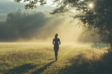 Woman runner walking on field in morning, Generative AI