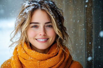 Beautiful young woman smiling while snowing outdoors