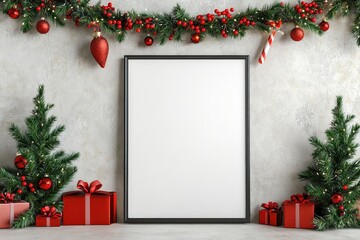 Wall Mural - Festively decorated indoor space with blank frame, Christmas trees, ornaments, and wrapped gifts