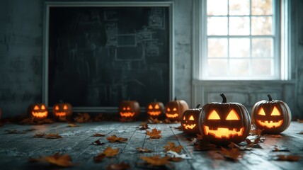 A cozy Halloween scene featuring glowing jack-o'-lanterns on a rustic table, surrounded by autumn leaves and a dark chalkboard backdrop.