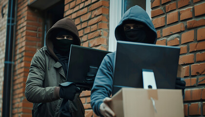 Dangerous masked criminals with weapon stealing computer from house