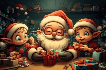 Wall Mural - Santa and cheerful elves joyfully preparing gifts in a festive workshop during the holiday season