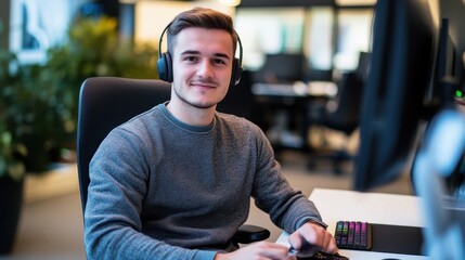 A young man with short hair and headphones smiles while sitting at a modern office desk, engaging with technology and showcasing a friendly demeanor.