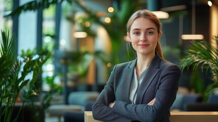 A confident young European businesswoman poses in a modern office environment, showcasing professionalism and elegance amid lush greenery, conveying success and ambition.