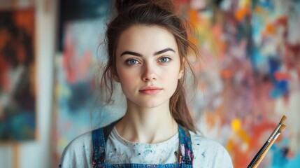 A focused young female artist stands in her vibrant studio, surrounded by colorful artworks. Her serious expression and engagement showcase her passion for creativity.