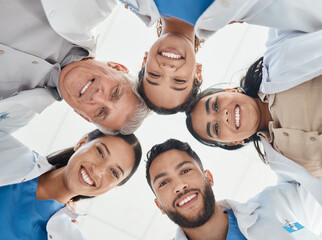 Poster - Below, portrait and people or doctors in hospital for teamwork, medical support and partnership circle. Smile, staff and diversity for team building, healthcare service and synergy of collaboration