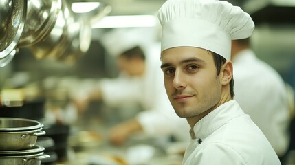 A young male chef wearing a white uniform and hat stands confidently in a bustling professional kitchen, showcasing his passion for culinary arts and expertise.