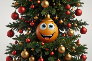 Festive Christmas tree with a cartoon ornament smiling among colorful baubles