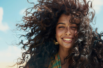 Portrait of a young smiling Indian woman with long curly hair against blue sky background