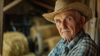 An elderly European male farmer poses thoughtfully in a rustic barn, wearing a straw hat. His weathered face reflects years of agricultural experience and wisdom.