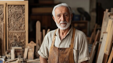 This portrait captures an elderly Middle Eastern man, a skilled artisan, in his workshop, surrounded by wooden tools. His wise expression reflects years of experience and dedication to craftsmanship.