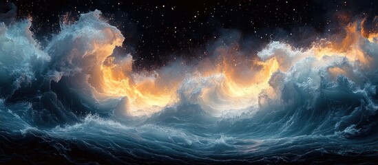 Wall Mural - abstract fiery and blue clouds with a starry night sky.