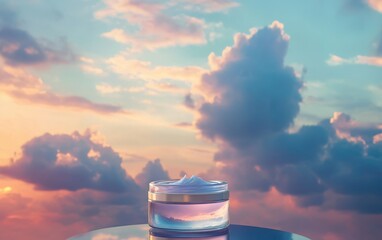 A serene upward view of a dusky sky with soft clouds, complemented by a transparent jar of face cream positioned in the foreground, symbolizing the connection between nature and skincare