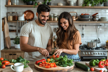 Happy young Indian ethnic  couple cooking together in a kitchen	