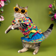 A stylish cat in a rainbow dress and sunglasses, showcasing its fashionable side while wearing clothes.