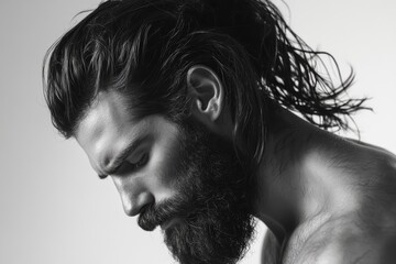 a man with long hair and a full beard poses thoughtfully against a plain background in a serene blac