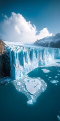 Wall Mural - A stunning view of a massive glacier calving into a deep blue lake, showcasing icebergs floating in crystal clear waters under a bright sky.