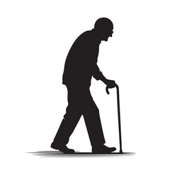 Silhouette of Elderly Man Walking with Cane