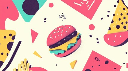 Wall Mural - Brightly colored abstractions of burgers, pizza, and fries create a playful and energetic atmosphere suitable for fast food enthusiasts. Generative AI