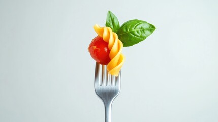 Aufkleber - A fork holds a twist of Italian pasta, ripe tomato, and a fresh basil leaf, creating a tempting and appetizing dish ready to savor. Generative AI
