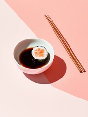 Poster - A sushi roll featuring cucumber is placed alongside a bowl of soy sauce and chopsticks, arranged on a soft-colored surface. Generative AI