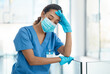 © peopleimages.com - Headache, woman and doctor with stress at hospital for surgery mistake, medical crisis and depression of burnout. Tired, girl and anxiety risk with healthcare news, accident trauma and emergency fail