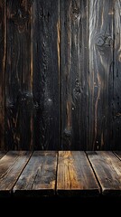 Wall Mural - dark rustic wooden plank backdrop for artisanal product presentation with empty copy space