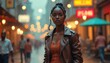 © SushiGirl - A confident Black woman wearing a stylish outfit, walking down a city street at dusk, surrounded by lights and city life, exuding modern elegance.