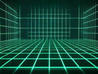 Wall Mural - Glowing Neon Green Grid Pattern on Dark Background for Product Showcase