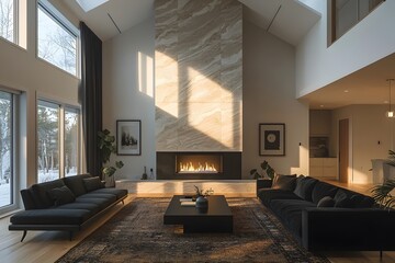 A stylish modern living room featuring a large marble fireplace, two dark sofas, and warm lighting creating a cozy atmosphere in a contemporary home.