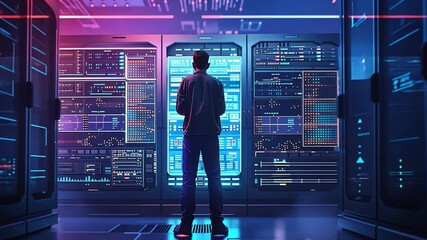 Leinwandbilder - In a modern data center, a data analyst stands before illuminated server racks, studying performance metrics and data trends in a vibrant, neon-lit environment.