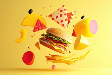 Poster - Bright yellow background showcases abstract representations of burgers, pizza, and fries, merging food art with vibrant design. Generative AI