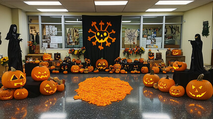 A spooky but respectful display of Halloween decorations in a religious school, emphasizing unity.