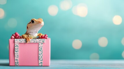 A cheerful frog perched atop a pink gift box with colorful decorations, against a soft, dreamy background of glowing bokeh lights.