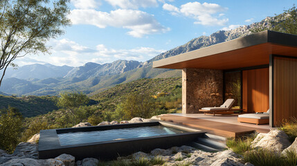 Wall Mural - A spa retreat nestled in the mountains, offering meditation, massage, and sauna services.