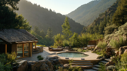 Wall Mural - A spa retreat nestled in the mountains, offering meditation, massage, and sauna services.