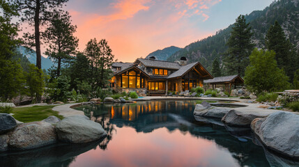 Wall Mural - A spa retreat nestled in the mountains, offering meditation, massage, and sauna services.