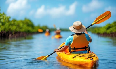 a serene kayaking adventure through lush mangroves under a bright blue sky, perfect for nature lover